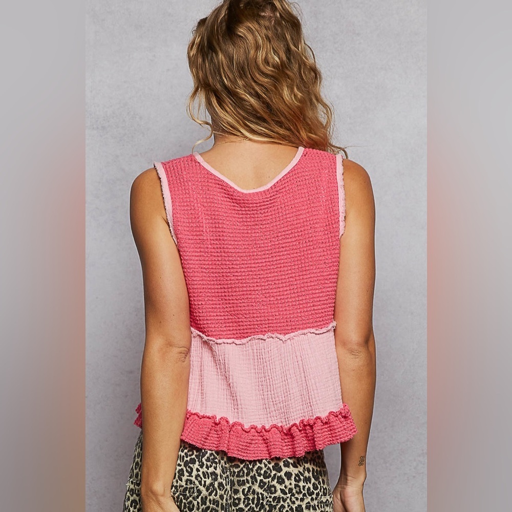 NEW POL Candy Pink V Neck Babydoll Tank Thermal Gauze Ruffle Top Size Large - Picture 3 of 4